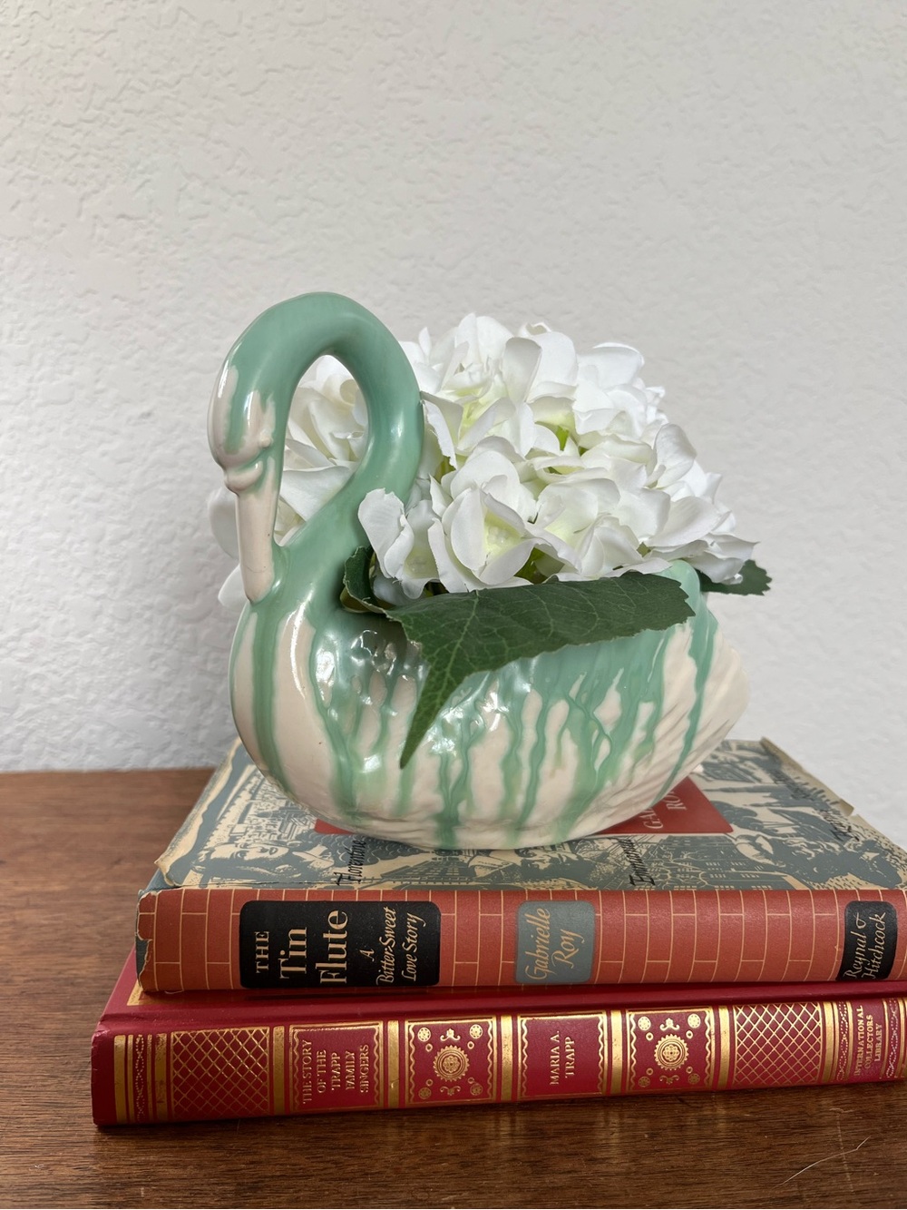 Vintage white and teal green swan planter